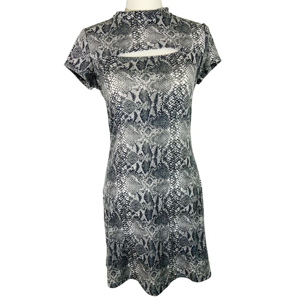 Love Fire Gray Snake Print Mock Neck Short Sleeve Bodycon Mini Dress Medium